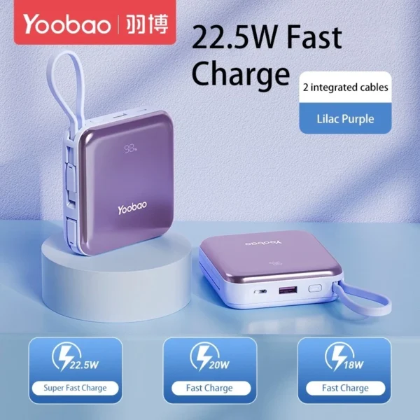 Yoobao LK10 10000mAh Mini Fast Charging Powerbank Built in Cables (Lightning & Type C) PD20W SCP22.5W Lilac Purple